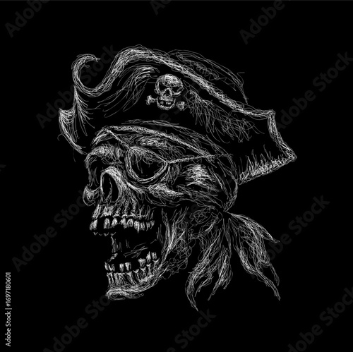 The scribble art vector skull head scream wearing pirates hat