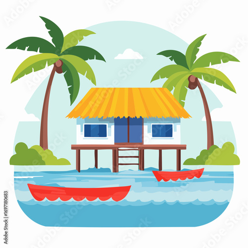 A tropical stilt house over the water, flanked by palm trees on a small island, with two red canoes floating nearby.