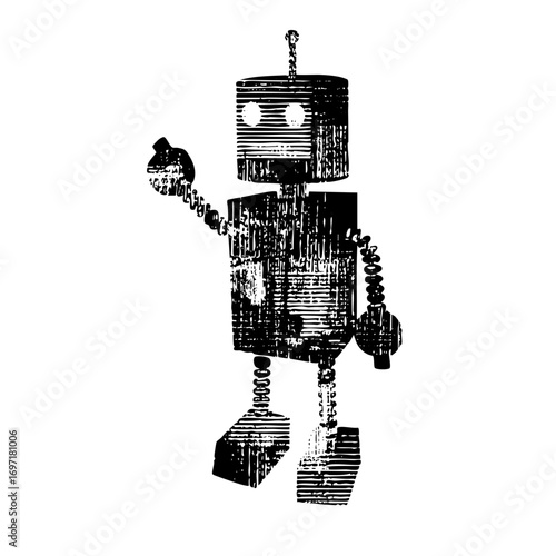 Vector Vintage robot with coiled limbs and textured body.
