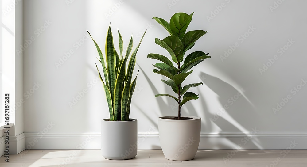 Obraz premium Two potted houseplants snake plant and fiddle leaf fig near window with natural light