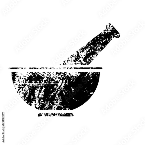 Vector Distressed mortar and pestle represents traditional pharmacy.