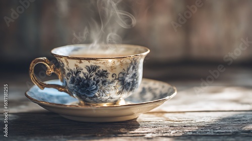 Wallpaper Mural Elegant vintage tea cup with steam rising, placed on a saucer against a rustic wooden background Torontodigital.ca