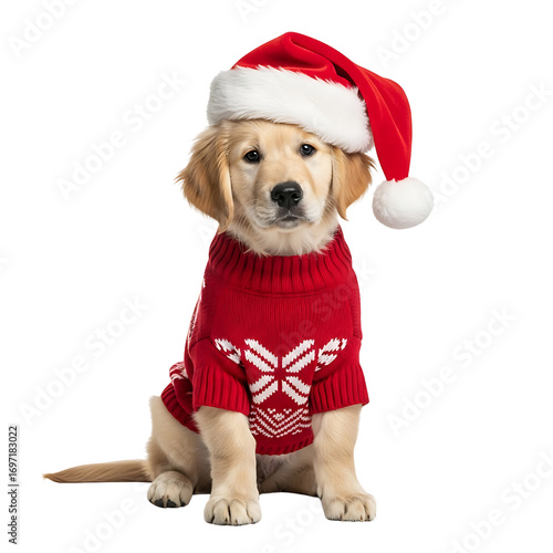Golden retriever puppy wearing a christmas sweater and santa hat on transparent background