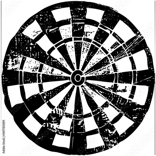 Vector Distressed black and white dartboard with radial segments.