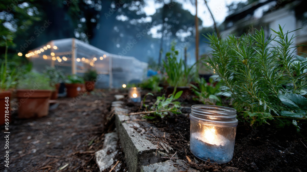 Fototapeta premium A serene garden path illuminated by glowing lanterns amidst verdant plant life, offering a tranquil escape perfect for reflection, connecting with nature, and celebrating autumn.