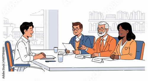 Illustration and photo concept of scholarship interview between student and academic panel.