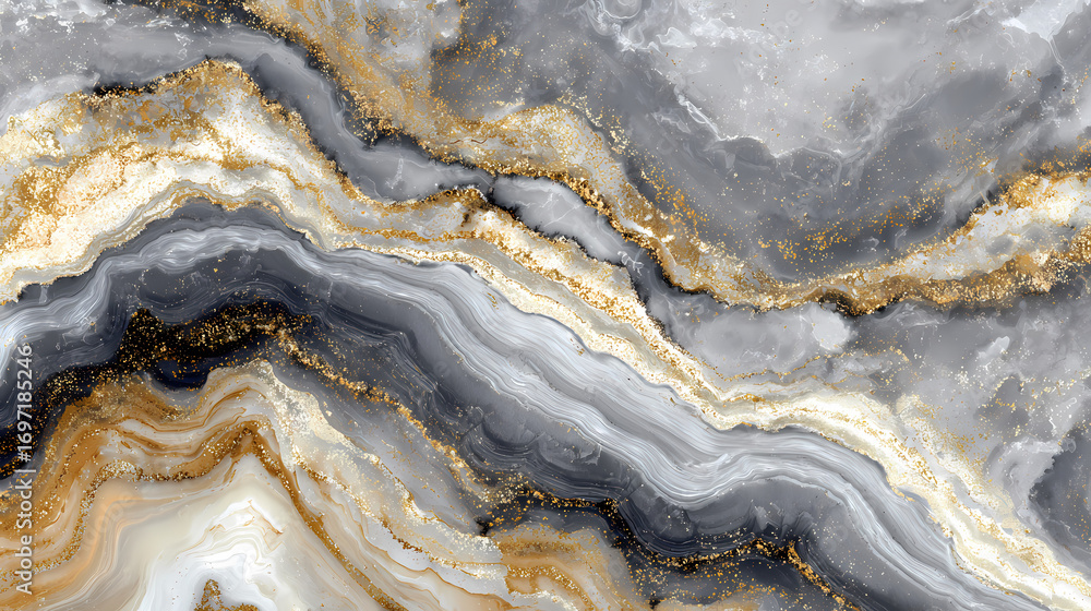 Fototapeta premium Elegant Marble Texture with Swirling Gold Veins and Gray Tones, Luxurious Abstract Background