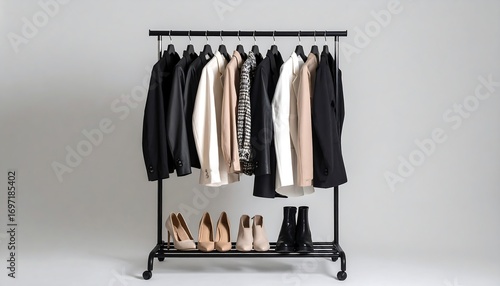 A rack of clothing and shoes against a plain background
