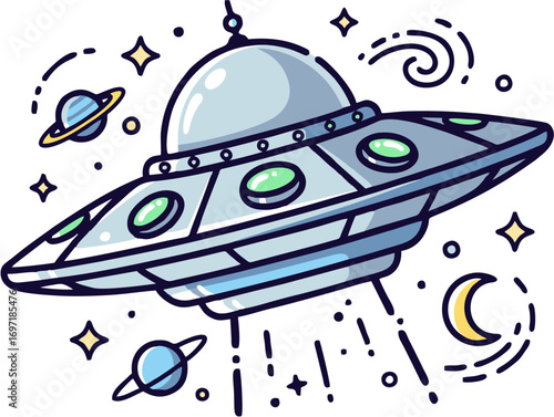 Cartoon flying saucer in space with planets, stars, and a moon. A whimsical illustration depicting cosmic travel and alien discovery