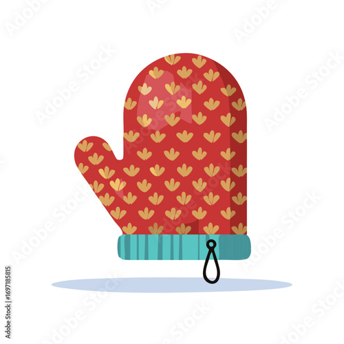 Red oven mitt with gold floral pattern and teal cuff hanging loop