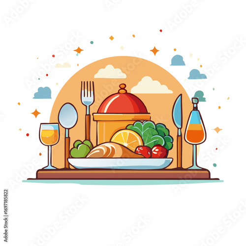 Dish with Food: Dinner Scene with Pot, Wine, Cutlery, Lemon Slice, Greens, Berries