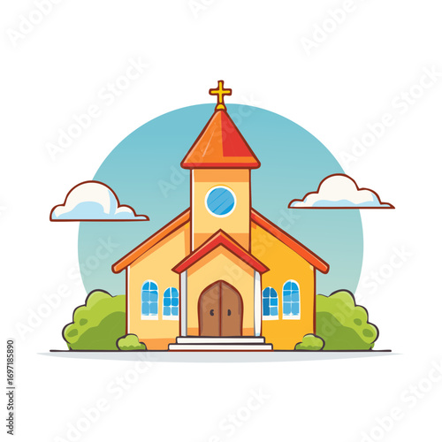 A colorful cartoon church building with a cross steeple and green bushes under a blue sky
