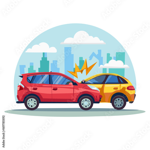 Cars collide in a fender bender, red car and yellow car with city buildings and white clouds in the background