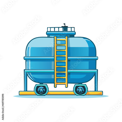 Cartoon blue liquid transport tank on wheels with yellow ladder illustration