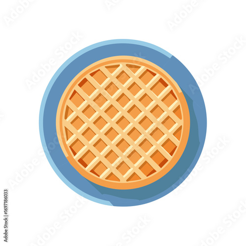 Round golden waffle with a grid pattern on a blue plate, top-down view, isolated graphic