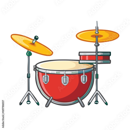 Cartoon drum set illustration with vibrant red drums and shining yellow cymbals on stands