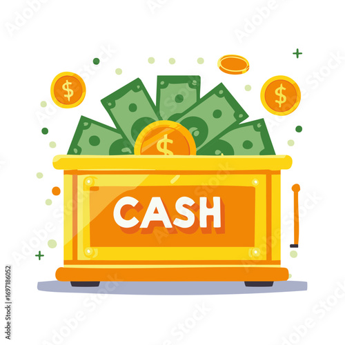 Illustration of a golden cash box filled with money, dollar bills, and gold coins