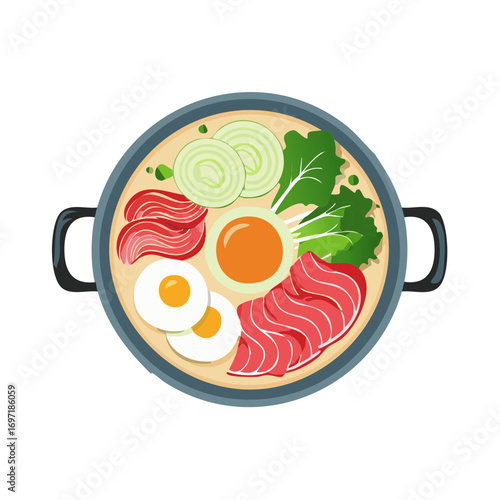Overhead view of a traditional bowl with soup, eggs, and vegetables
