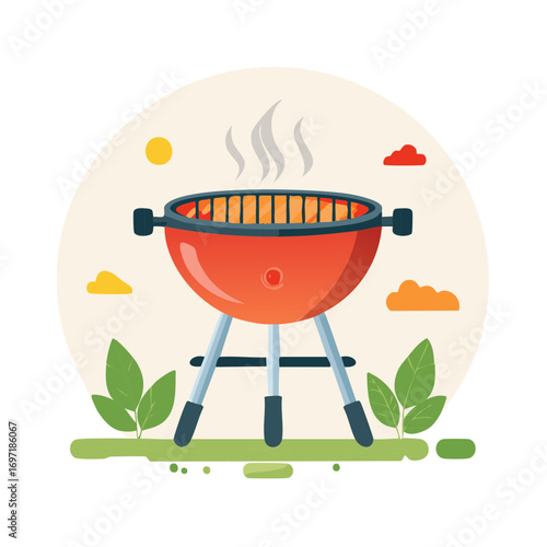 Graphic Summer Barbecue Scene with Grill, Sun, and Clouds in Outdoor Picnic Setting
