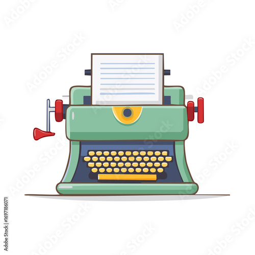Vintage Typewriter with Paper Sheet Illustration in a Cartoon Style