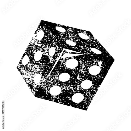 Vector Distressed monochrome of a six-sided die with spots.