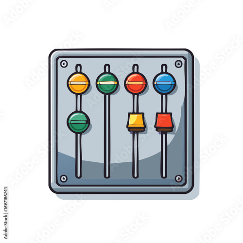 Colorful sound mixer faders with round knobs and rectangular sliders