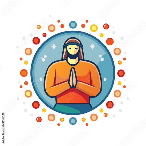 Stylized Illustration of a Holy Prophet Praying in a Celestial Circle with Stars
