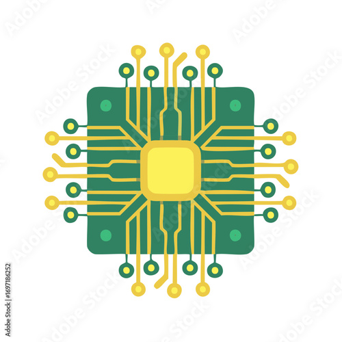 Illustration of a stylized green and yellow computer chip, a processing component.