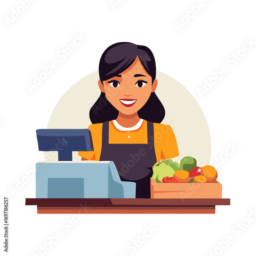 Smiling Female Grocer Attendant with Produce at Cash Register in a Store