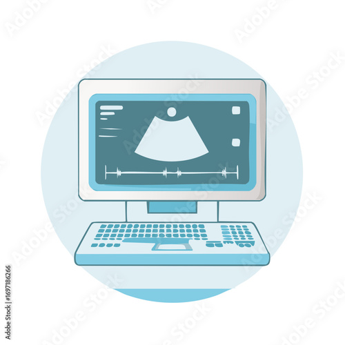 Stylized Medical Ultrasound Machine Displaying Sonogram Image with Blue Tones and Flat Design