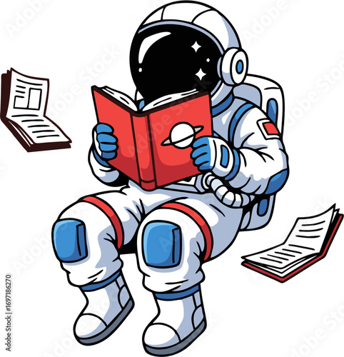 A cartoon astronaut in a spacesuit peacefully reading a book while floating in zero gravity, a vector illustration representing cosmic education and scientific curiosity