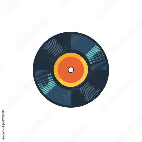Stylized illustration of a retro vinyl record with colorful radial sections and grooves for music