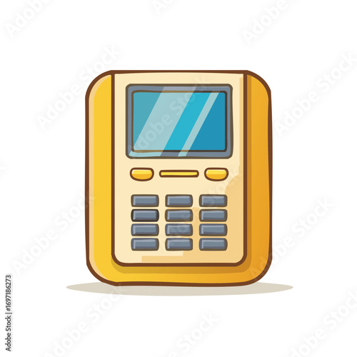 Illustrated calculator cartoon design with blue screen and yellow color scheme isolated image