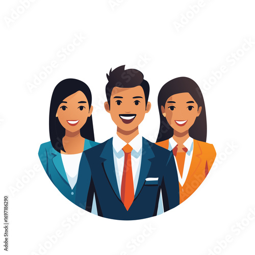 Diverse team of professional executives smiling, representing business collaboration and leadership, illustrating corporate success and teamwork.