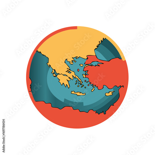 Colorful Mediterranean region map graphic globe with European and Middle Eastern countries illustration