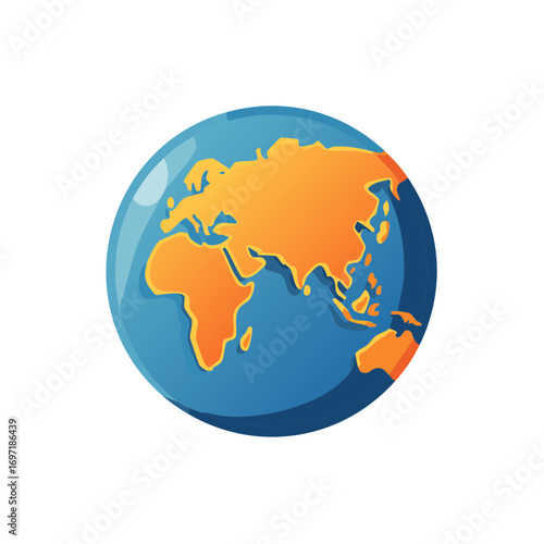 Stylized glossy planet Earth globe icon with world map showing Africa Europe and Asia
