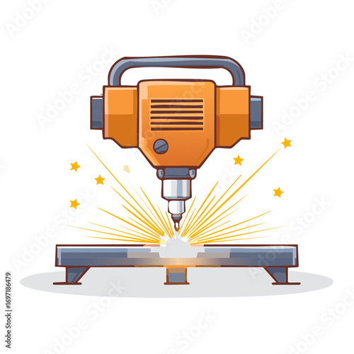 Industrial drilling machine creating sparks on metal workpiece with cartoon style