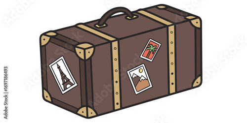 Vintage brown suitcase with travel stickers of Eiffel Tower mountains and palm tree luggage retro