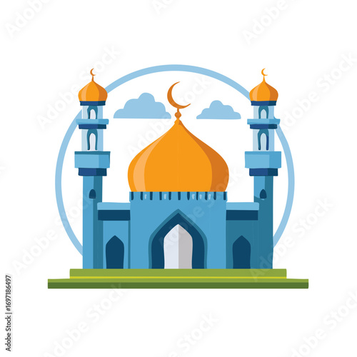 Abstract mosque illustration with golden dome minarets and crescent moon symbol