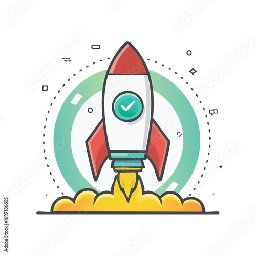 Cartoon Rocket Ship Launch with Checkmark Ready for Take Off in Space Exploration