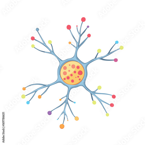 Stylized Neuronal Cell with Dendrites and Colorful Synapses, Representing Brain Cells