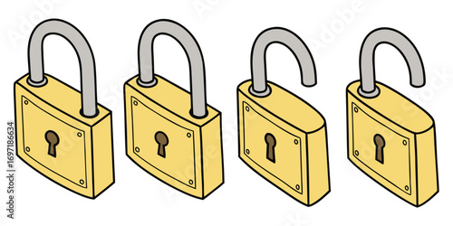 Four yellow padlocks one open two closed and one partially open security protection