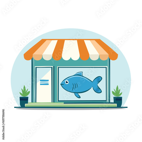 Whimsical Seafood Shop Front Illustration with Striped Awning and Fish Symbol