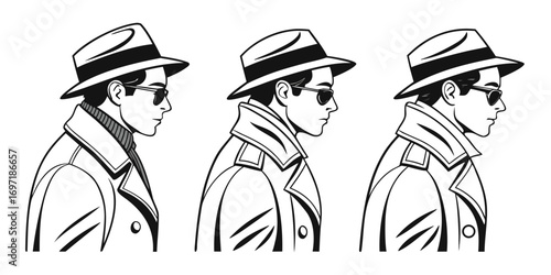 Three men in profile wearing fedora hats and trench coats side view