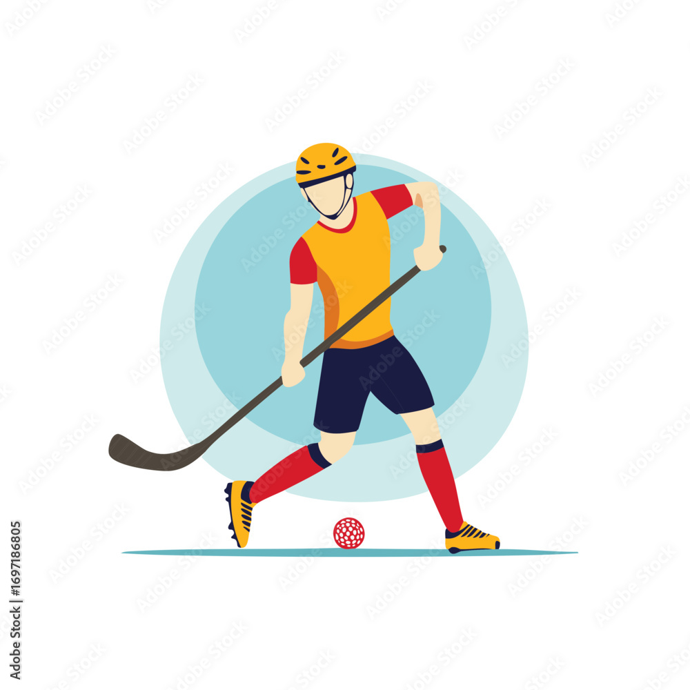Obraz premium Floorball Player Hitting Ball with Stick Indoor Sport Activity Illustration
