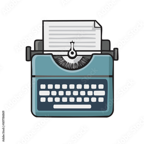 Blue typewriter illustration with a blank document in retro style for creative writing and journalism icon