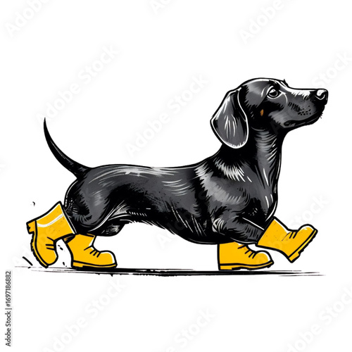 A cheerful dachshund dog wearing yellow shoes!