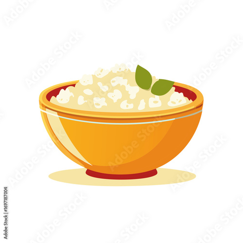 Vector Illustration of a Healthy Breakfast or Dessert Bowl with Cottage Cheese and Fresh Green Leaves