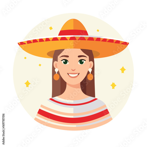 Cheerful Woman Wearing Traditional Sombrero And Striped Top With Festive Stars