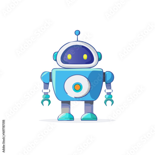 Charming blue cartoon robot character with big eyes and an antenna standing digital illustration